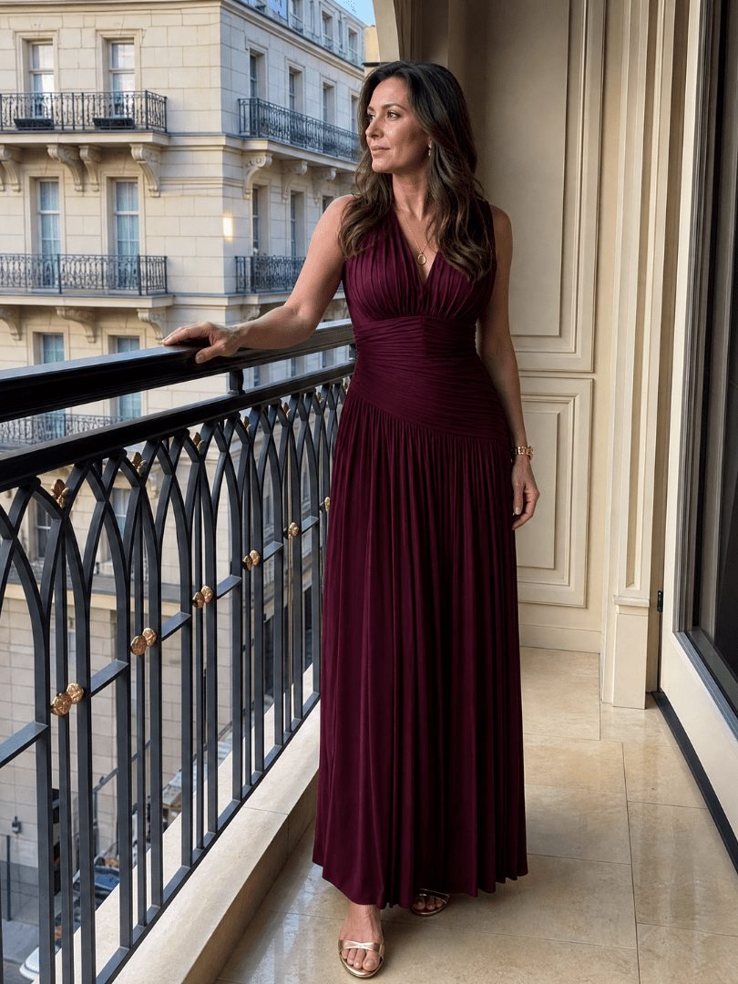 Womens Midi Dress with Pleated V Neck for Weddings and Special Occasions – Lightweight Elegant Design 3