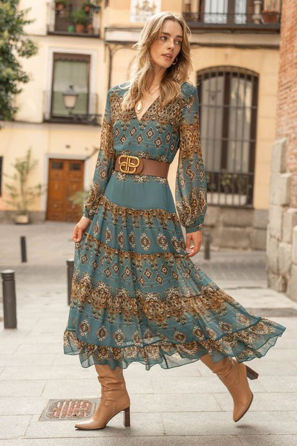 Womens midi dress featuring puff sleeves and a vibrant medallion print, made from lightweight tiered chiffon, perfect for summer weddings. 0