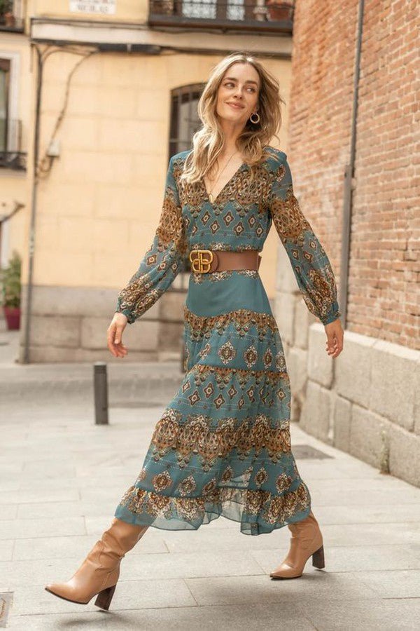 Womens midi dress featuring puff sleeves and a vibrant medallion print, made from lightweight tiered chiffon, perfect for summer weddings. 1