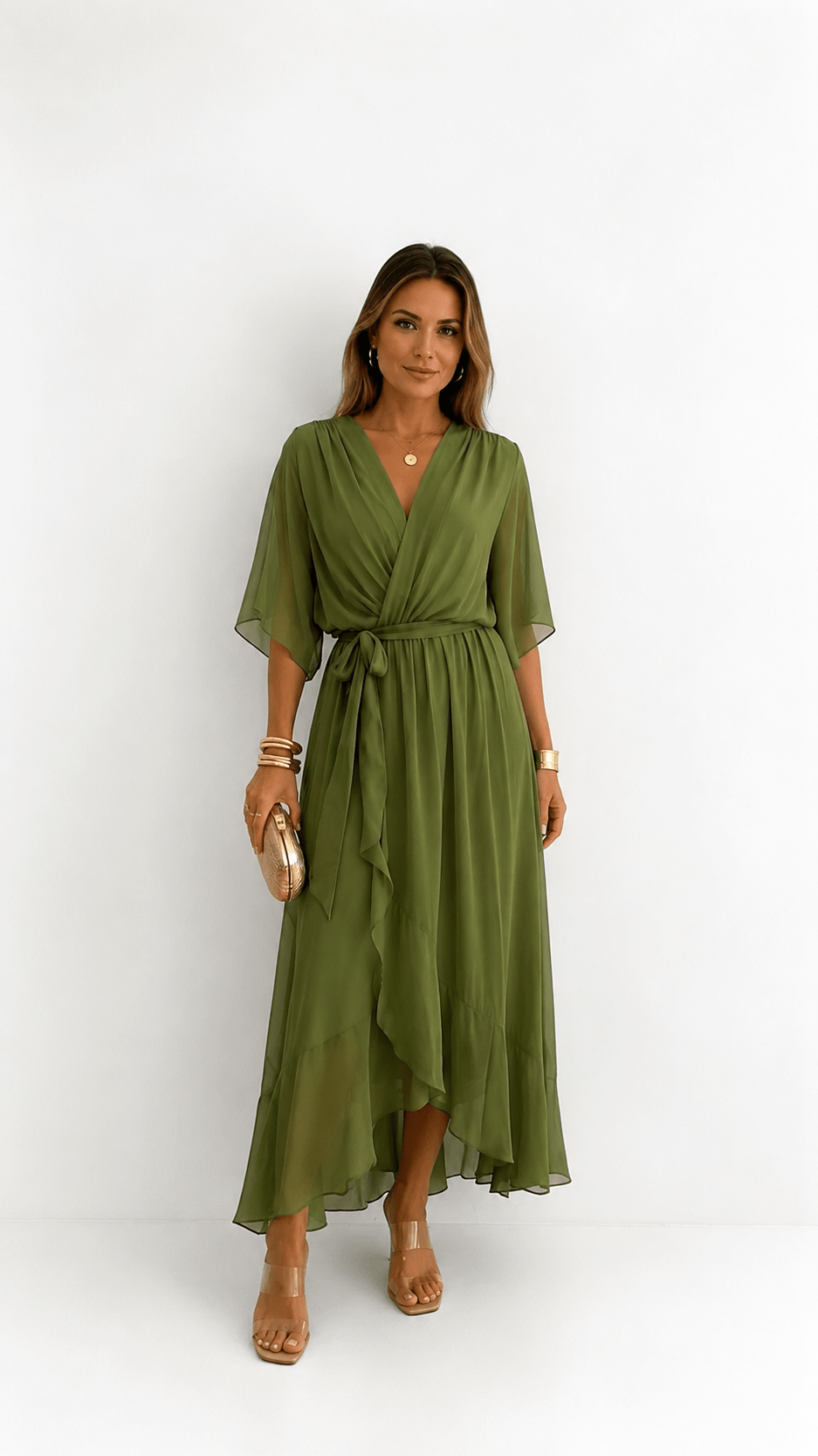 Wrap Maxi Dress with Flutter Sleeves and Adjustable Waist Tie – Elegant Chiffon Long Dress for Women 0