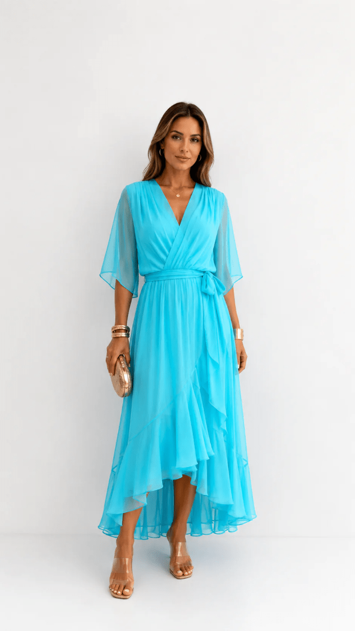 Wrap Maxi Dress with Flutter Sleeves and Adjustable Waist Tie – Elegant Chiffon Long Dress for Women 10