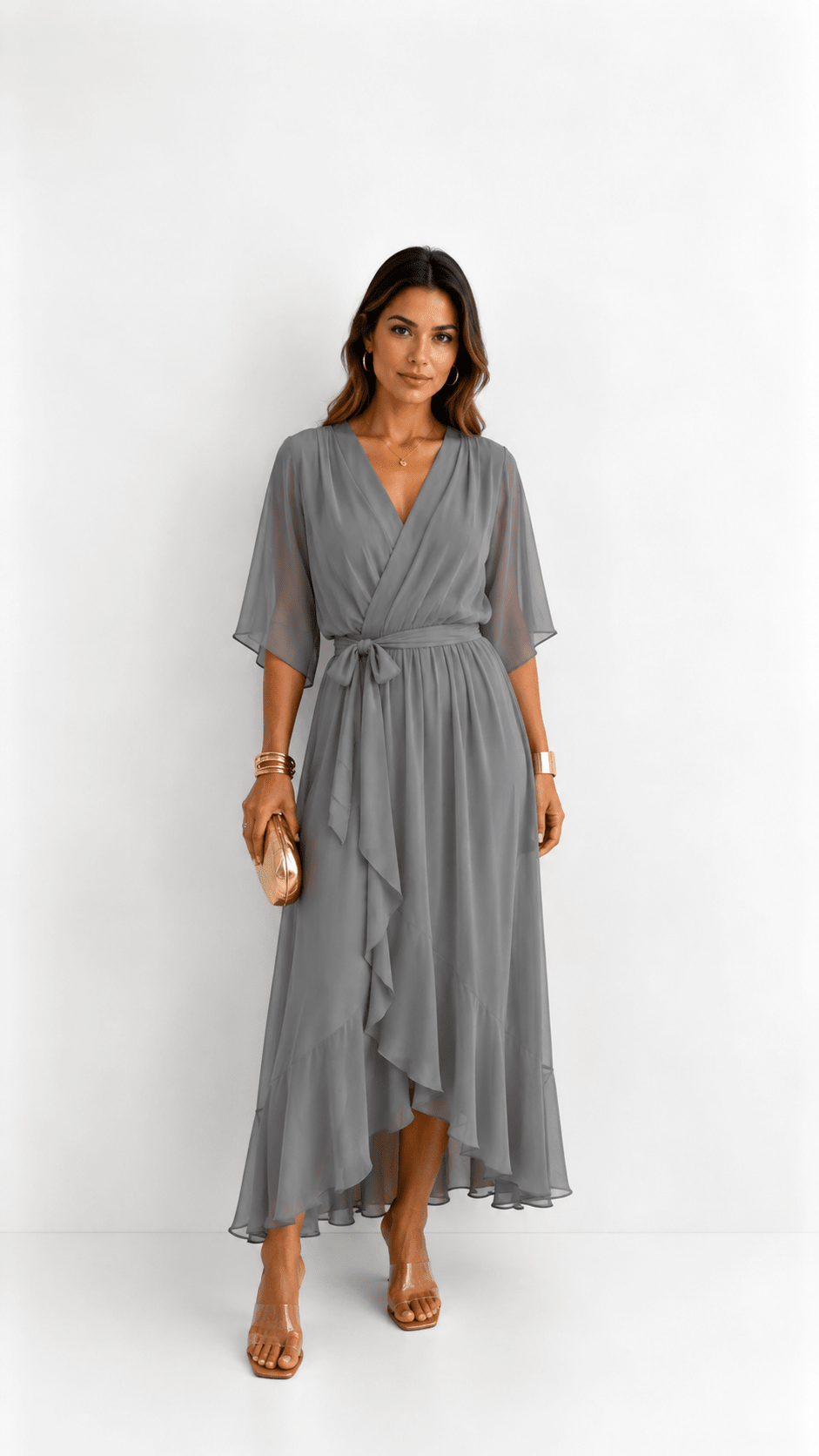 Wrap Maxi Dress with Flutter Sleeves and Adjustable Waist Tie – Elegant Chiffon Long Dress for Women 5