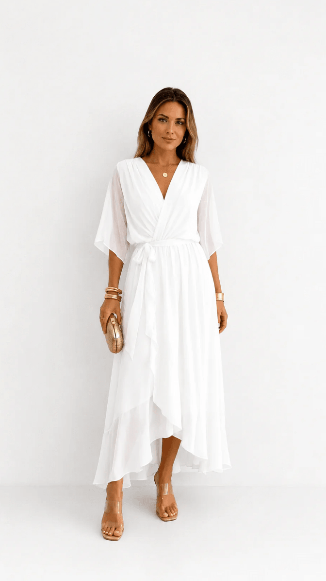 Wrap Maxi Dress with Flutter Sleeves and Adjustable Waist Tie – Elegant Chiffon Long Dress for Women 6