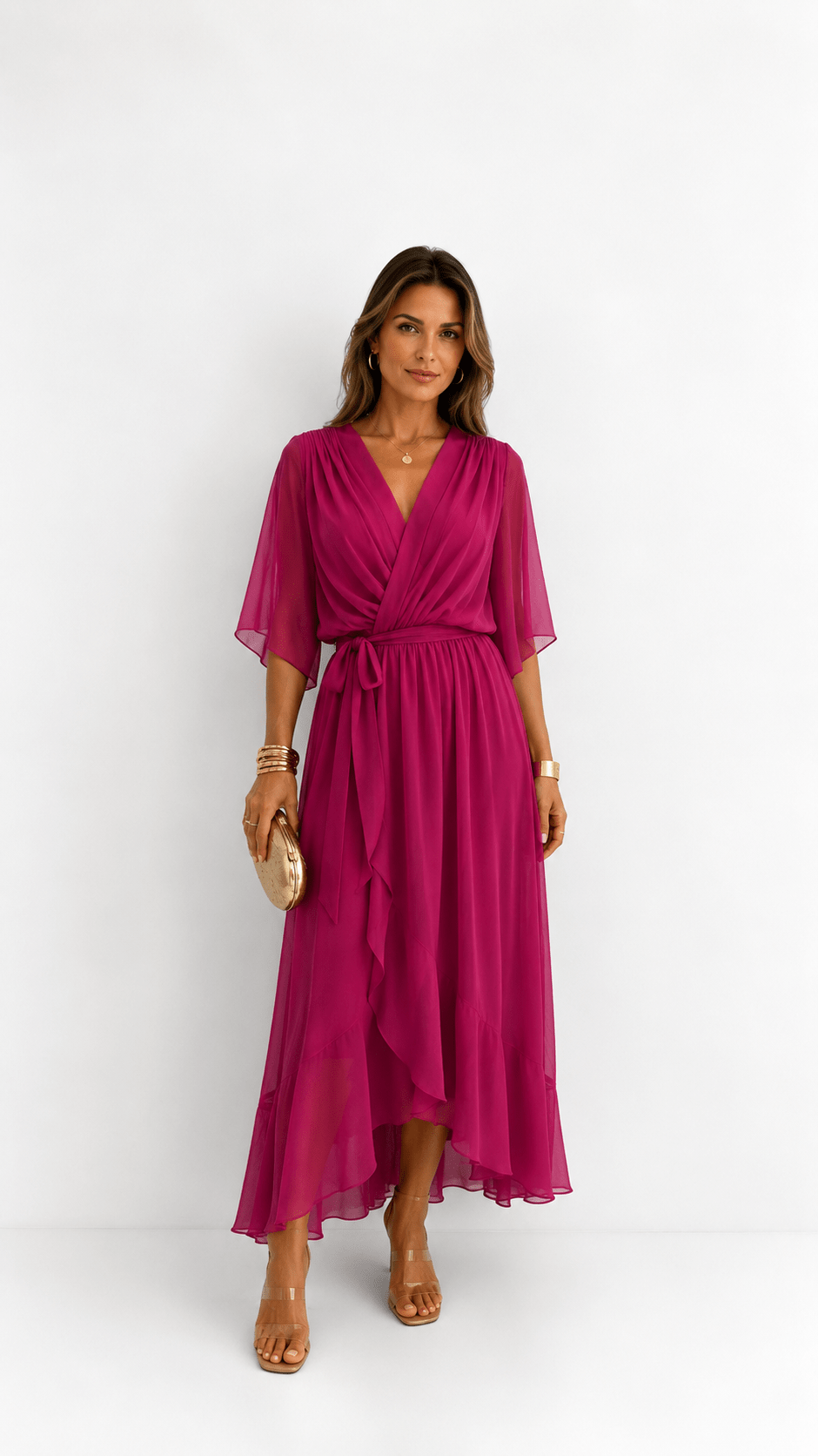 Wrap Maxi Dress with Flutter Sleeves and Adjustable Waist Tie – Elegant Chiffon Long Dress for Women 9