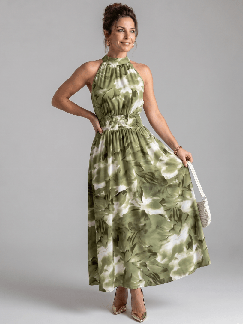 Abstract Print Midi Dress with Halter Neckline and Defined Waist – Lightweight Flowing Fabric 0