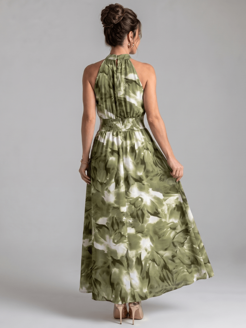 Abstract Print Midi Dress with Halter Neckline and Defined Waist – Lightweight Flowing Fabric 1