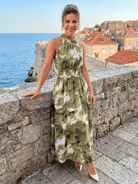 Abstract Print Midi Dress with Halter Neckline and Defined Waist – Lightweight Flowing Fabric 2