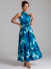 Abstract Print Midi Dress with Halter Neckline and Defined Waist – Lightweight Flowing Fabric 3