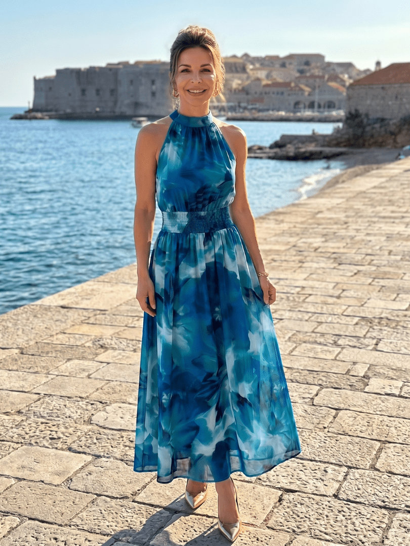 Abstract Print Midi Dress with Halter Neckline and Defined Waist – Lightweight Flowing Fabric 4