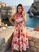 Abstract Print Midi Dress with Halter Neckline and Defined Waist – Lightweight Flowing Fabric 6