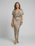 Abstract Print Midi Dress with Twist Waist and V Neck – Fluid Drape for Women 0