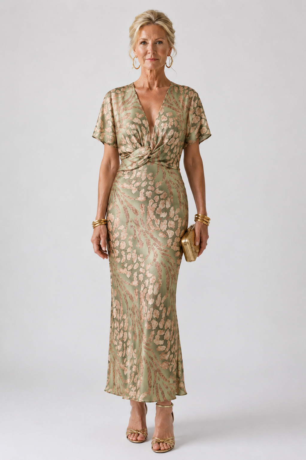 Abstract Print Midi Dress with Twist Waist and V Neck – Fluid Drape for Women 1