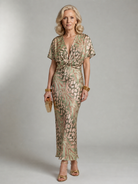 Abstract Print Midi Dress with Twist Waist and V Neck – Fluid Drape for Women 2