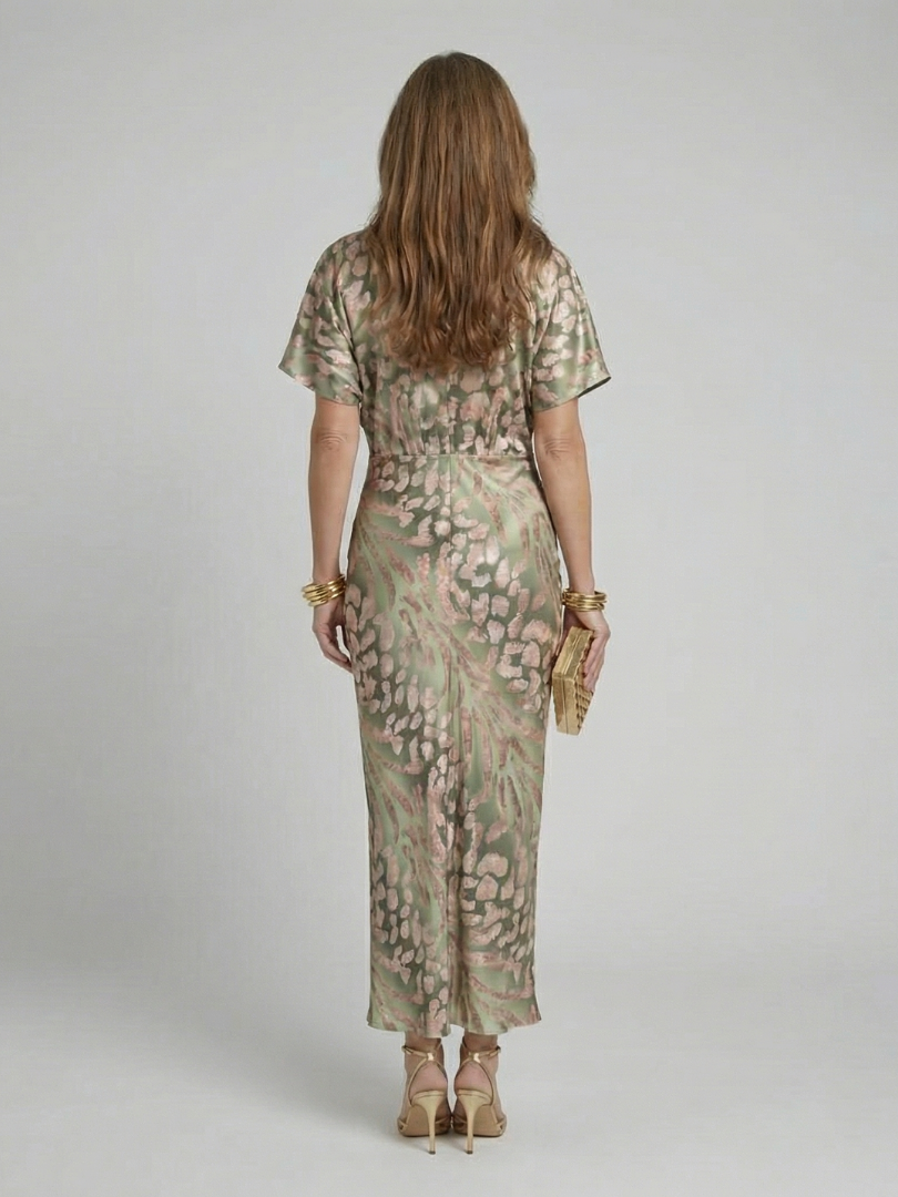 Abstract Print Midi Dress with Twist Waist and V Neck – Fluid Drape for Women 4