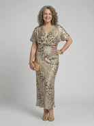 Abstract Print Midi Dress with Twist Waist and V Neck – Fluid Drape for Women 5