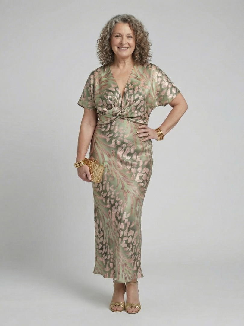 Abstract Print Midi Dress with Twist Waist and V Neck – Fluid Drape for Women 5
