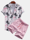 Beachwear Set with Palm Tree Flamingo Print – Lightweight Polyester Shirt and Nylon Swim Shorts 0