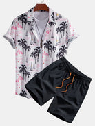 Beachwear Set with Palm Tree Flamingo Print – Lightweight Polyester Shirt and Nylon Swim Shorts 1