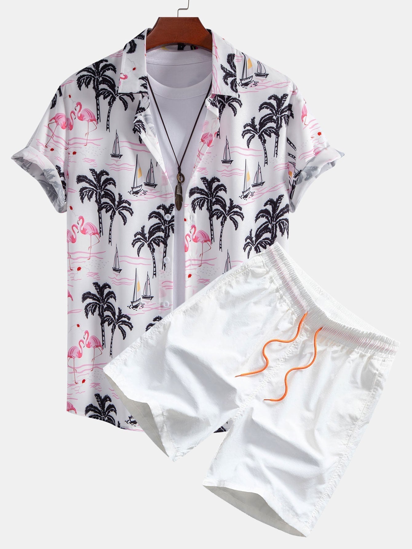 Beachwear Set with Palm Tree Flamingo Print – Lightweight Polyester Shirt and Nylon Swim Shorts 2