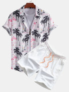 Beachwear Set with Palm Tree Flamingo Print – Lightweight Polyester Shirt and Nylon Swim Shorts 2