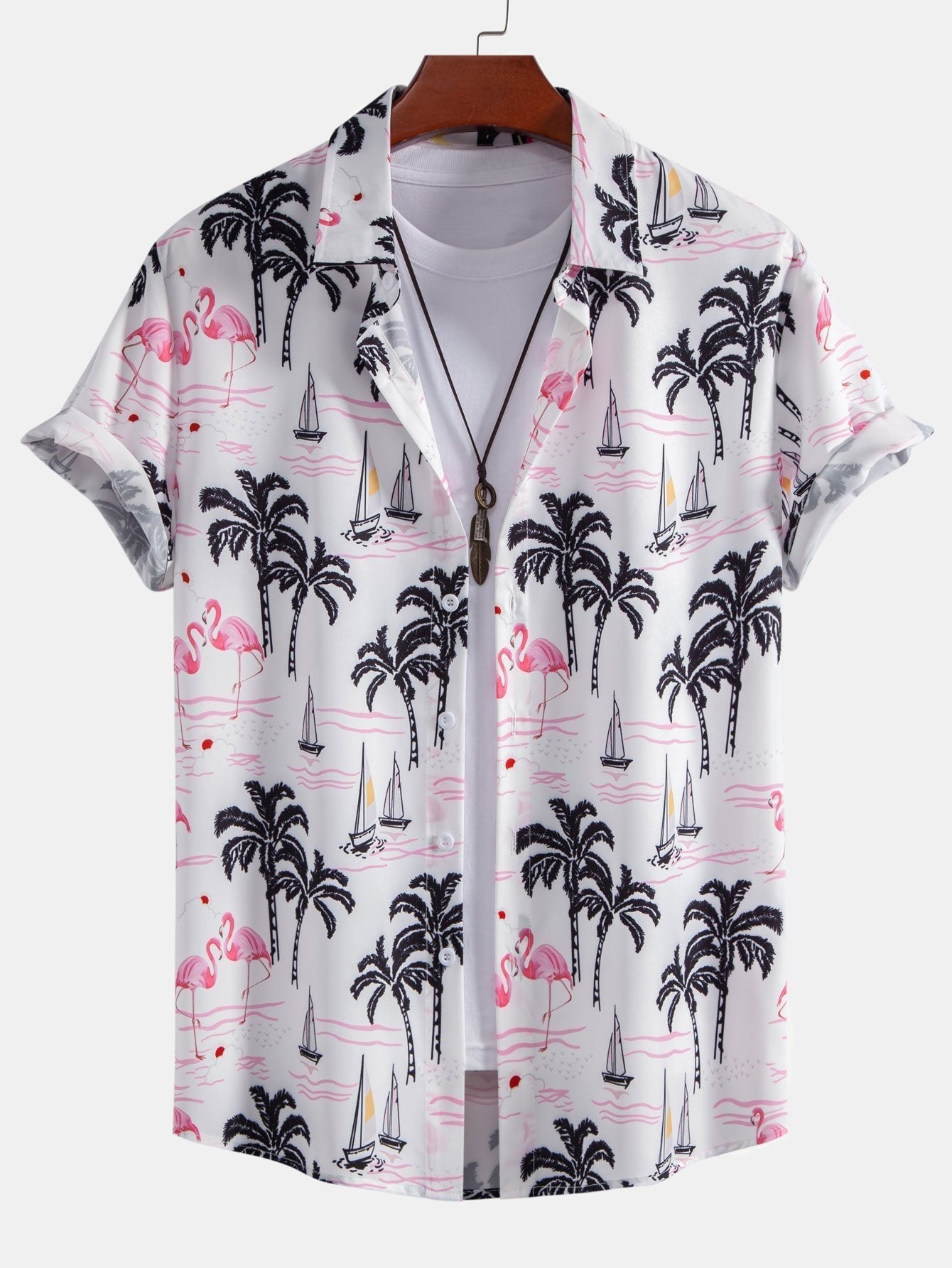 Beachwear Set with Palm Tree Flamingo Print – Lightweight Polyester Shirt and Nylon Swim Shorts 3