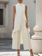 Black Jumpsuit Women with High Neckline and Draped Overlay – Elegant Wide-Leg Design for Special Occasions 0