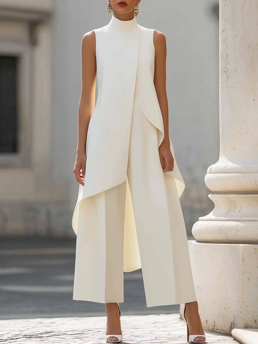 Black Jumpsuit Women with High Neckline and Draped Overlay – Elegant Wide-Leg Design for Special Occasions 0