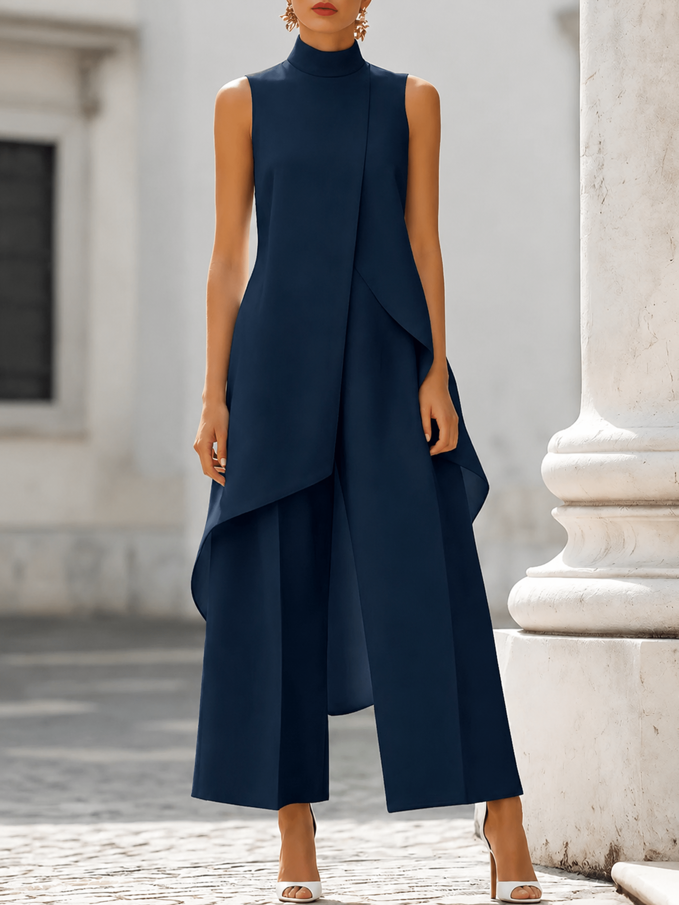 Black Jumpsuit Women with High Neckline and Draped Overlay – Elegant Wide-Leg Design for Special Occasions 3