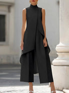 Black Jumpsuit Women with High Neckline and Draped Overlay – Elegant Wide-Leg Design for Special Occasions 4