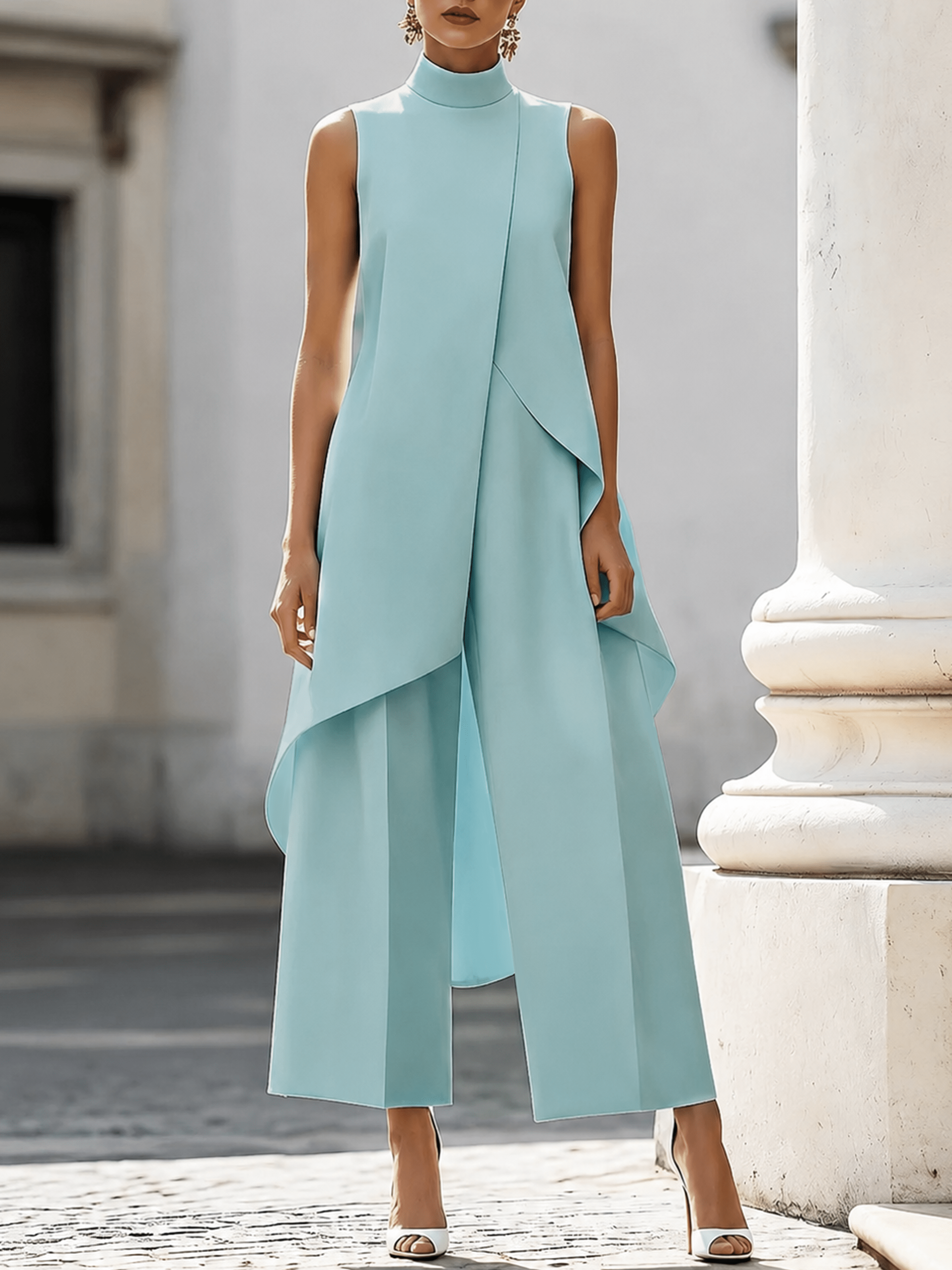 Black Jumpsuit Women with High Neckline and Draped Overlay – Elegant Wide-Leg Design for Special Occasions 5