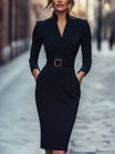 Black Sheath Dress with Belt and Mandarin Collar – Elegant Plus Size Polyester Design for Women 0
