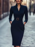 Black Sheath Dress with Belt and Mandarin Collar – Elegant Plus Size Polyester Design for Women 2