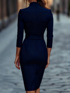 Black Sheath Dress with Belt and Mandarin Collar – Elegant Plus Size Polyester Design for Women 3