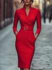Black Sheath Dress with Belt and Mandarin Collar – Elegant Plus Size Polyester Design for Women 7