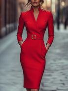 Black Sheath Dress with Belt and Mandarin Collar – Elegant Plus Size Polyester Design for Women 7