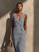 Blazer-Style Maxi Dress with Double-Breasted Gold Buttons – Nautical Stripes in Soft Breathable Fabric 0