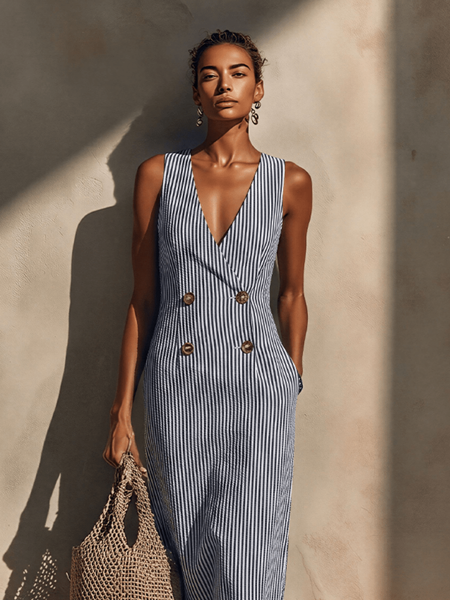 Blazer-Style Maxi Dress with Double-Breasted Gold Buttons – Nautical Stripes in Soft Breathable Fabric 0