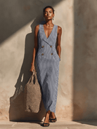 Blazer-Style Maxi Dress with Double-Breasted Gold Buttons – Nautical Stripes in Soft Breathable Fabric 1