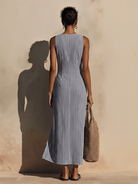 Blazer-Style Maxi Dress with Double-Breasted Gold Buttons – Nautical Stripes in Soft Breathable Fabric 2