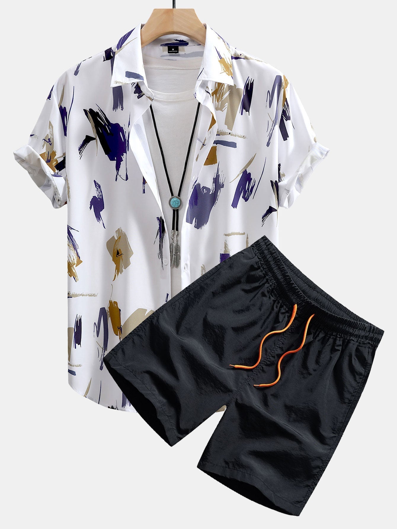 Brushstroke Print Shirt and Shorts Set – Lightweight Polyester and Nylon – Casual Beachwear 1