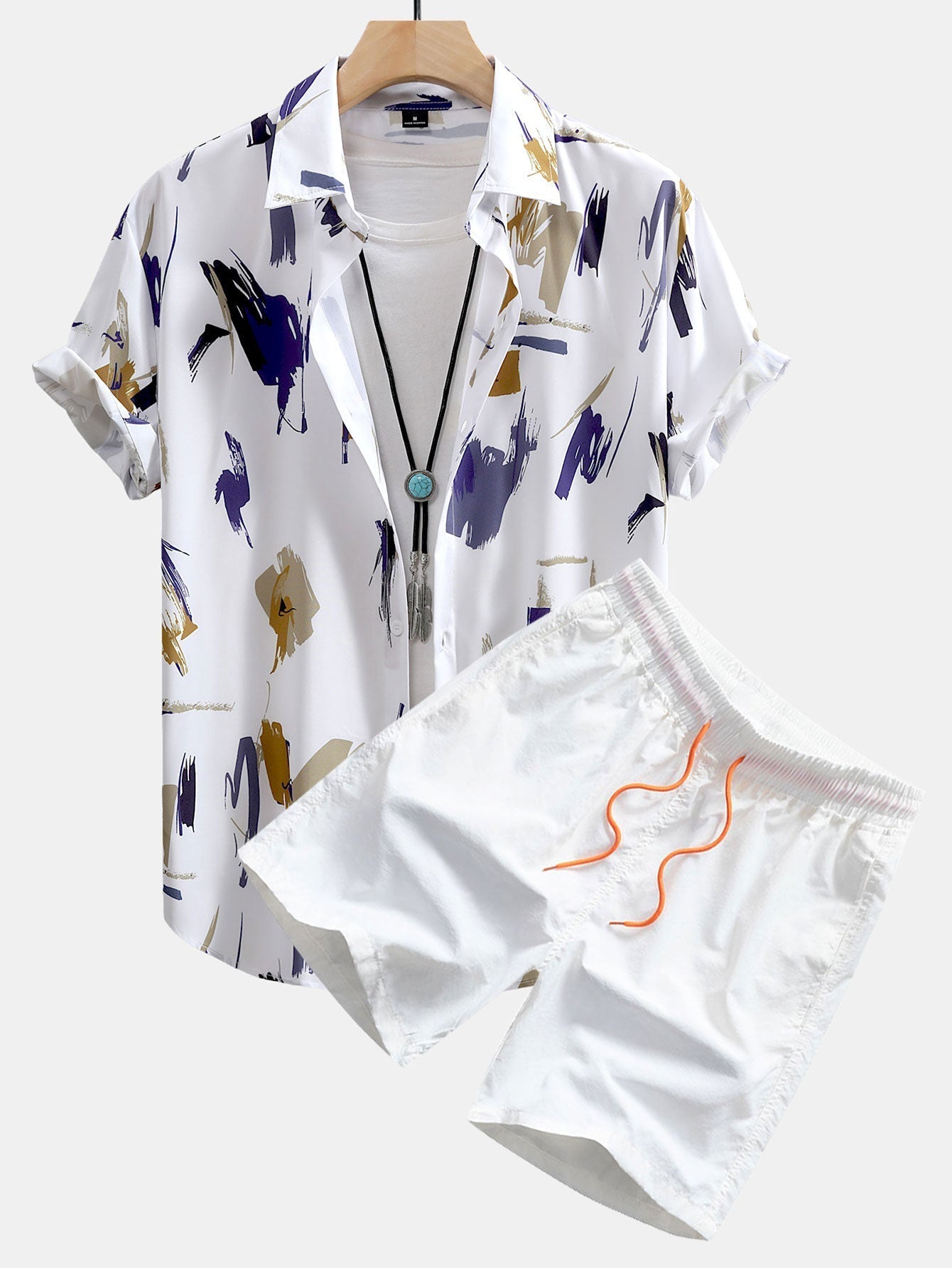 Brushstroke Print Shirt and Shorts Set – Lightweight Polyester and Nylon – Casual Beachwear 2
