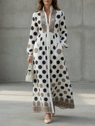 Button-Front Maxi Dress with Long Cuffed Sleeves and Side Pockets – Polka Dot Print for Women 0