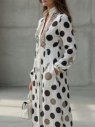 Button-Front Maxi Dress with Long Cuffed Sleeves and Side Pockets – Polka Dot Print for Women 1