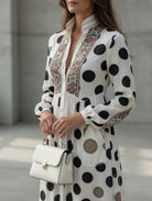 Button-Front Maxi Dress with Long Cuffed Sleeves and Side Pockets – Polka Dot Print for Women 2