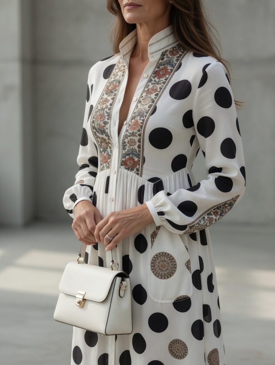 Button-Front Maxi Dress with Long Cuffed Sleeves and Side Pockets – Polka Dot Print for Women 2