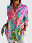 Button-Up Blouse with Artistic Print – Relaxed Fit Cotton Blend – Multicolor Design for Everyday Wear 0