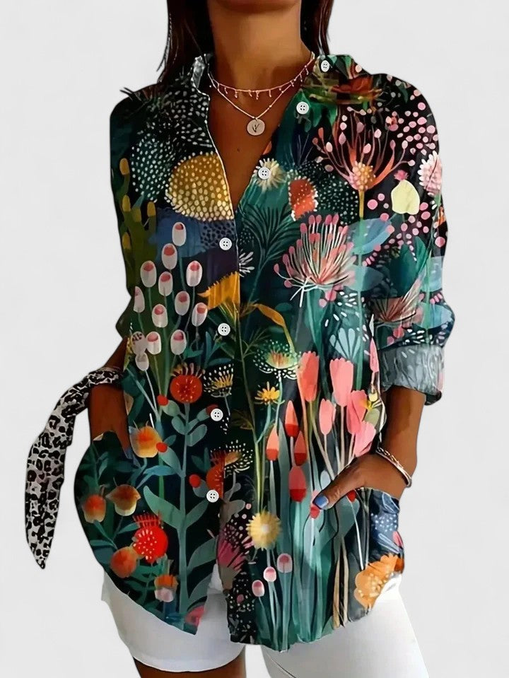 Button-Up Blouse with Artistic Print – Relaxed Fit Cotton Blend – Multicolor Design for Everyday Wear 5