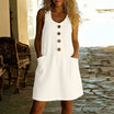 Casual Mini Dress with Decorative Buttons and Patch Pockets – Sleeveless A-Line Summer Dress in Soft Breathable Fabric 0