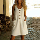Casual Mini Dress with Decorative Buttons and Patch Pockets – Sleeveless A-Line Summer Dress in Soft Breathable Fabric 1