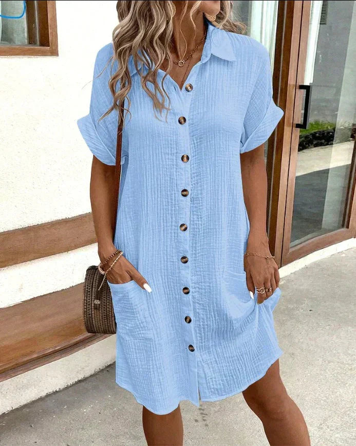 Cotton Shirt Dress with Button Closure and Side Pockets – Casual Summer Style in White 2